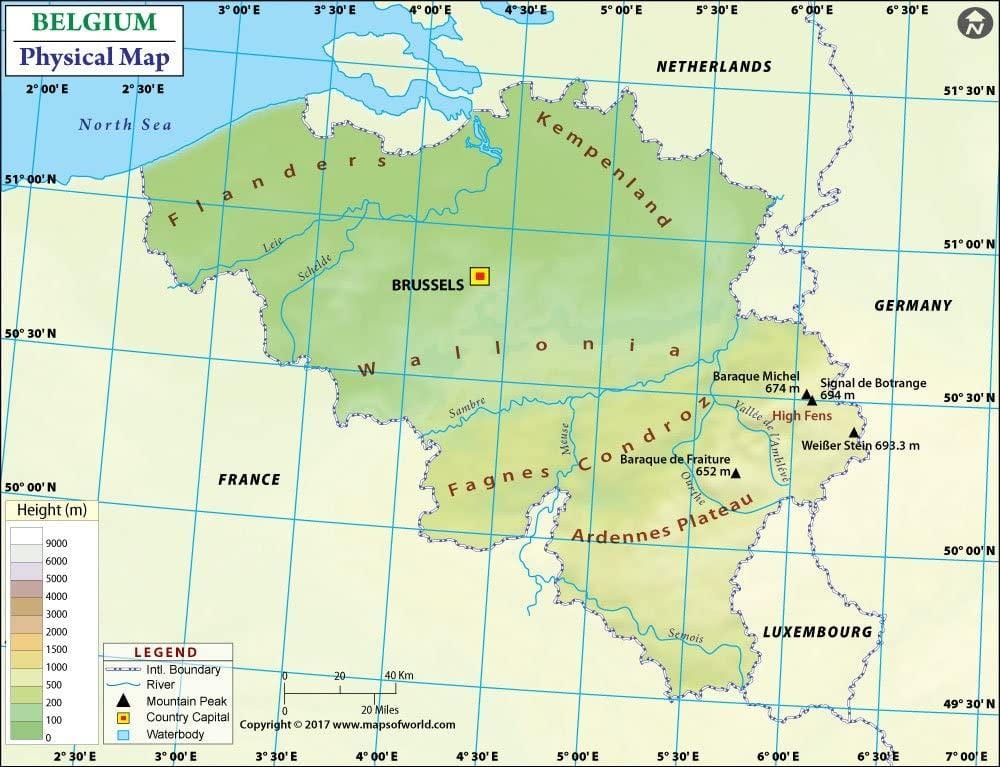 Mapa da Bélgica de elevação